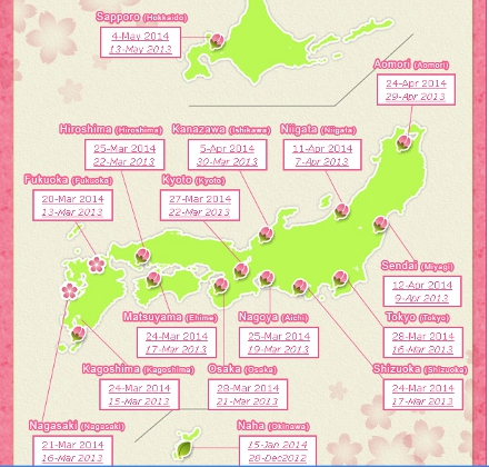 Mapa compara a chegada das flores em 2014 e 2013