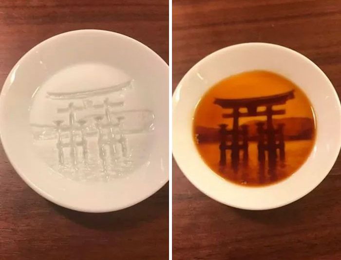 pratos com pintura escondida shoyu torii antes e depois